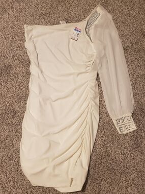 Deb White One-Shoulder Ruched Dress with Embellished Sleeve